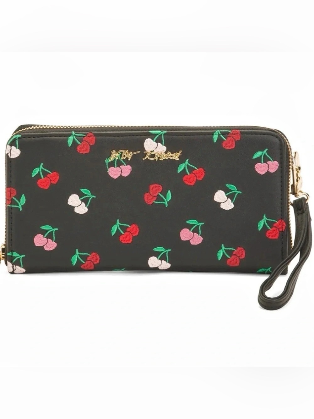 Betsey Johnson Cherry Embroidered Wallet with Removable Wristlet, Black & Pink - Picture 2 of 4